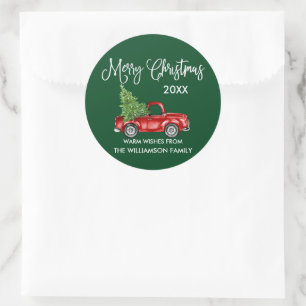 Calligraphy Christmas Red Truck Green Gift Classic Round Sticker
