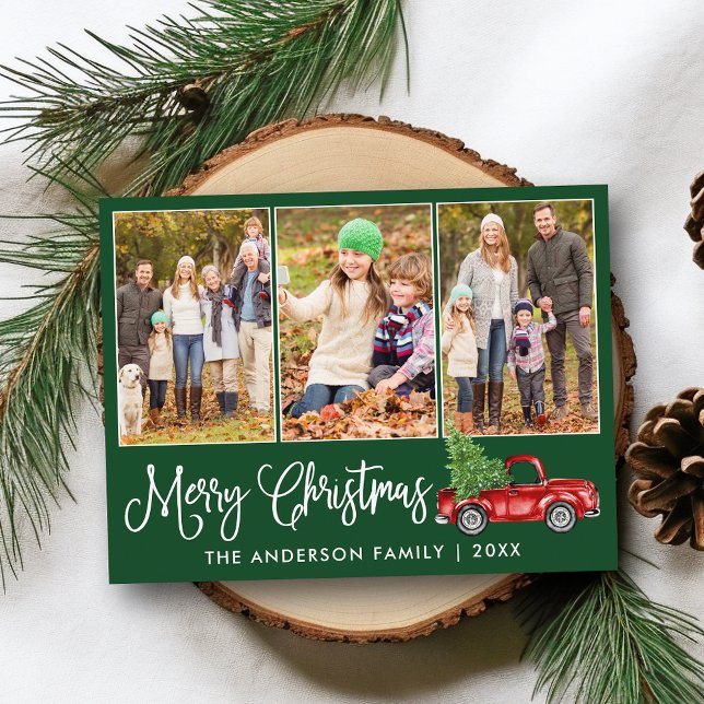 Calligraphy Christmas Vintage Truck Green 3 Photos Postcard (Customize to change your personalized text size or text style.)