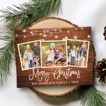 Calligraphy Christmas Wood String Lights 3 Photo Postcard<br><div class="desc">Modern Fun Calligraphy Script Merry Christmas 3 Photo Holiday Postcard - Rustic Country Wood with String Lights</div>