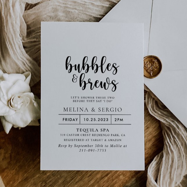 Calligraphy Classic Bubbles & Brews Bridal shower  Invitation (Creator Uploaded)