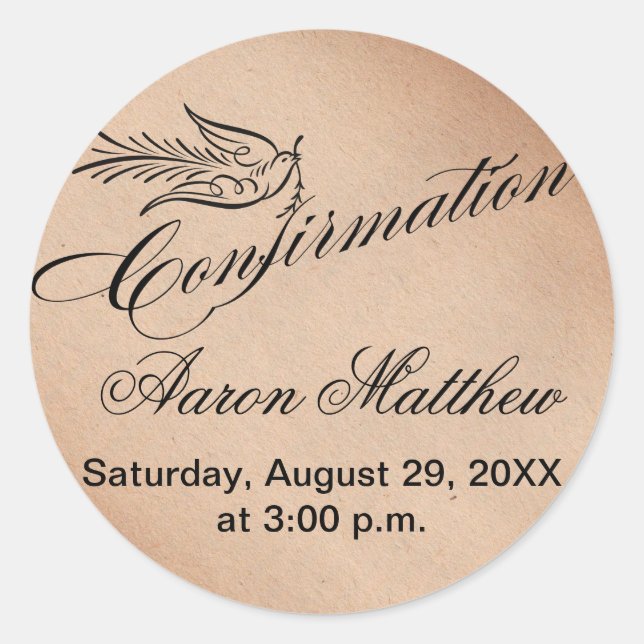 Calligraphy Confirmation and Dove Classic Round Sticker (Front)