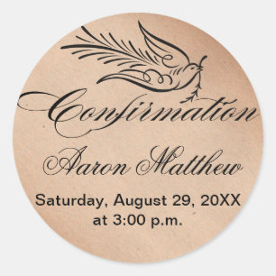 Calligraphy Confirmation Text and Dove Classic Round Sticker