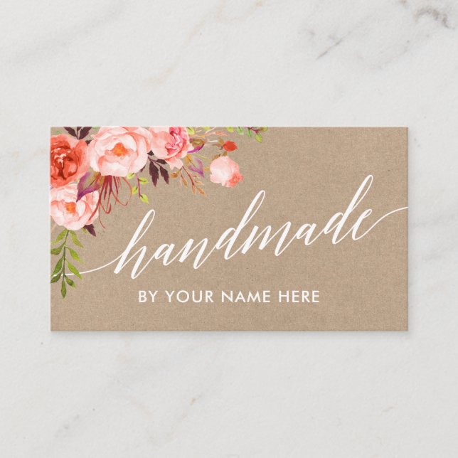 Calligraphy Coral Floral Hand Made Kraft Style Business Card (Front)