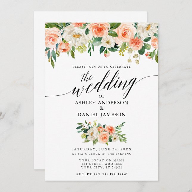 Calligraphy Coral Floral Photo Wedding Invitation (Front/Back)