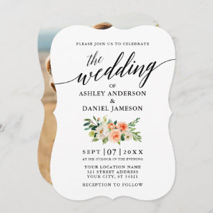 Calligraphy Coral Floral Photo Wedding Invitation