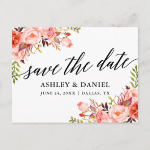 Calligraphy Coral Floral Save The Date Postcard