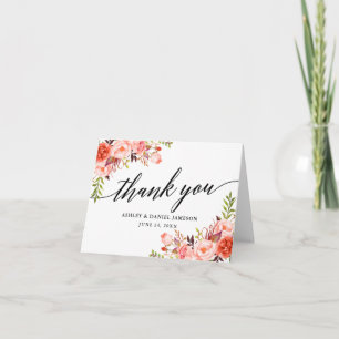Calligraphy Coral Floral Wedding Note Thank You Card