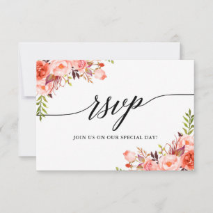 Calligraphy Coral Floral Wedding RSVP Meal Card