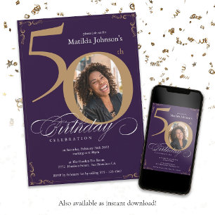 Calligraphy Custom Photo Gold Purple 50th Birthday Invitation