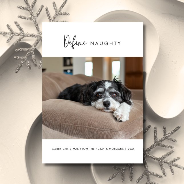 Calligraphy Define Naughty Dog Christmas Pet Photo Holiday Card (Creator Uploaded)