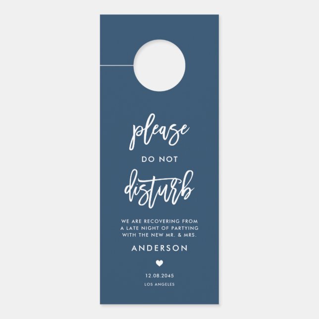 Calligraphy Do Not Disturb Navy Blue Wedding Door Hanger (Front)