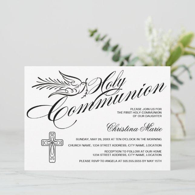 Calligraphy Dove and Cross First Holy Communion Invitation (Standing Front)
