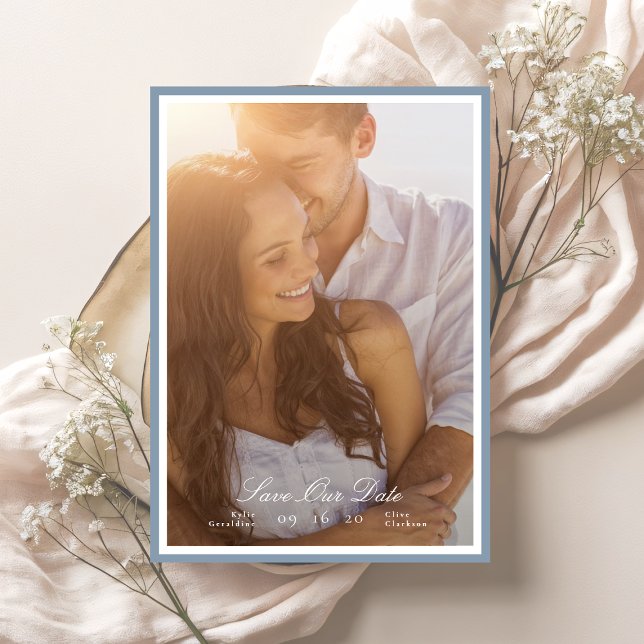 Calligraphy Dusty Blue Framed Classic photo Save The Date (Creator Uploaded)