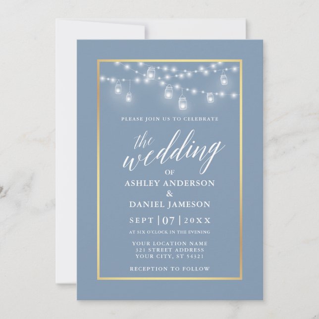 Calligraphy Dusty Blue Jar Lights Gold Wedding Invitation (Front)