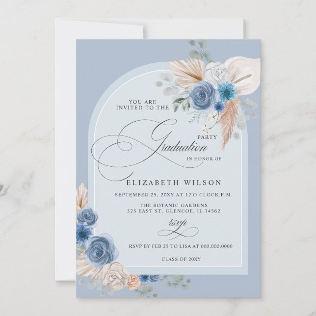 Calligraphy Dusty Blue Pampas Photo Graduation Invitation (Front)