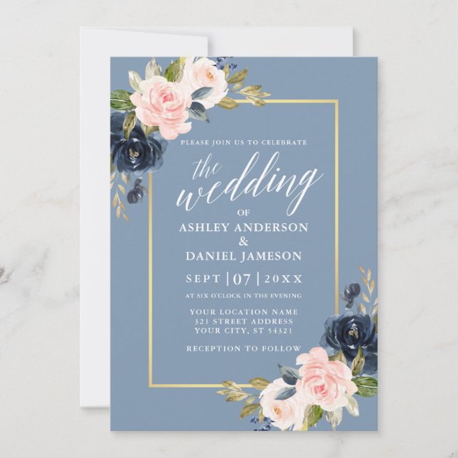 Calligraphy Dusty Blue Pink Floral Gold Frame Invitation (Front)