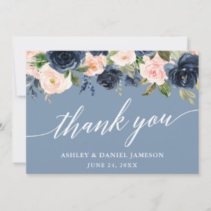 Calligraphy Dusty Blue Pink Floral Wedding Thank You Card