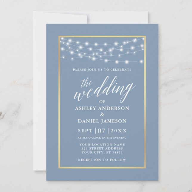 Calligraphy Dusty Blue String Lights Gold Wedding Invitation (Front)