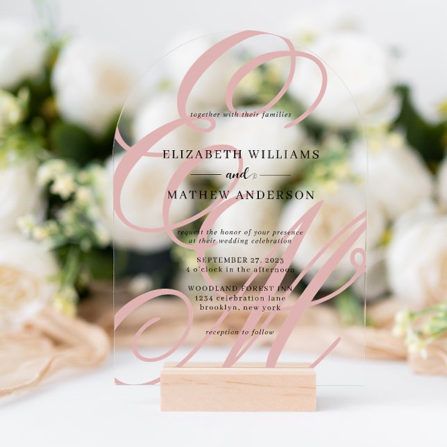 Calligraphy Dusty Pink Monogram Arch Wedding Acrylic Invitations (Creator Uploaded)