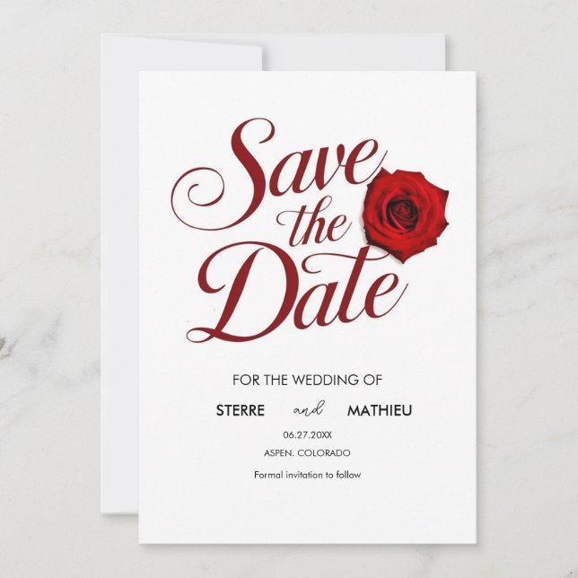 Calligraphy Editable Red Rose Wedding Save The Date (Front)