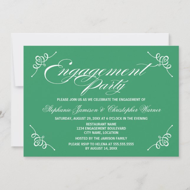 Calligraphy Elegance Green Engagement Party Invitation (Front)