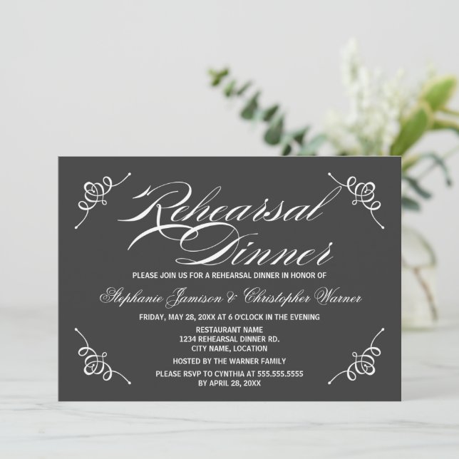 Calligraphy Elegance Grey Rehearsal Dinner Invitation (Standing Front)