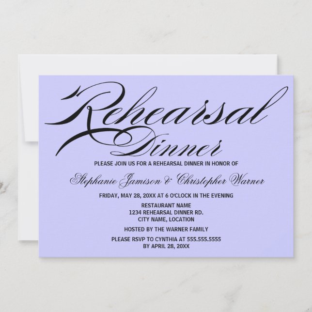 Calligraphy Elegance Lilac Rehearsal Dinner Invitation (Front)