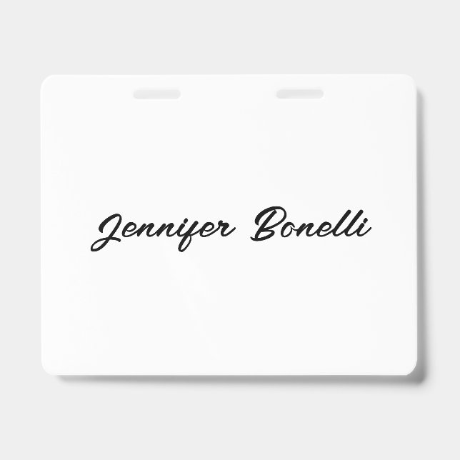 Calligraphy Elegant Black White Plain Simple Name ID Badge (Front)