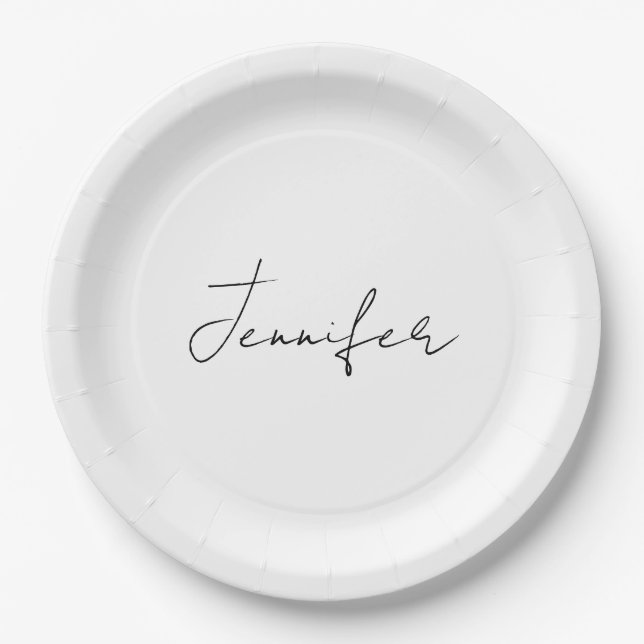 Calligraphy Elegant Black White Plain Simple Name Paper Plate (Front)