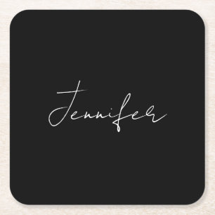 Calligraphy Elegant Black White Plain Simple Name Square Paper Coaster