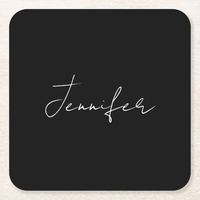 Calligraphy Elegant Black White Plain Simple Name Square Paper Coaster (Front)