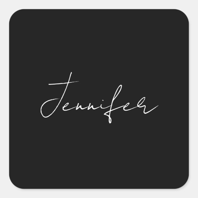 Calligraphy Elegant Black White Plain Simple Name Square Sticker (Front)