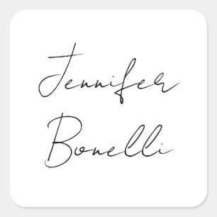 Calligraphy Elegant Black White Plain Simple Name Square Sticker