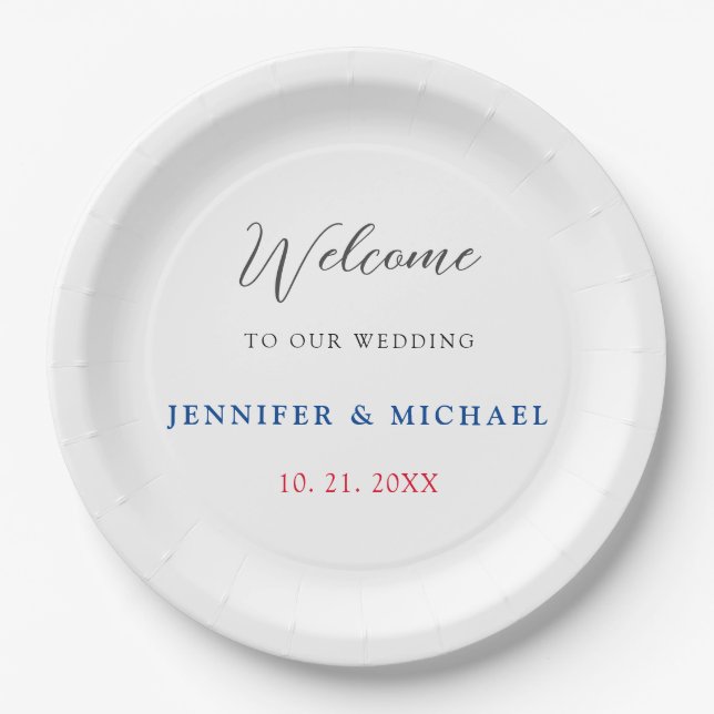 Calligraphy Elegant Black & White Welcome Wedding Paper Plate (Front)