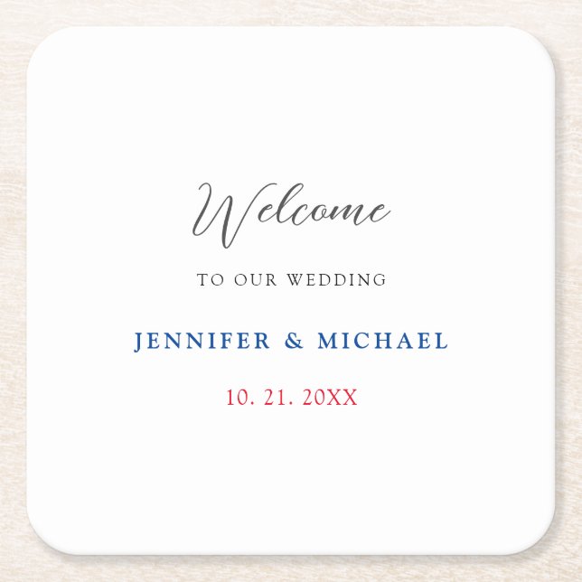 Calligraphy Elegant Black & White Welcome Wedding Square Paper Coaster (Front)