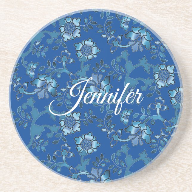 Calligraphy Elegant Blue Floral Custom Name Coaster (Front)