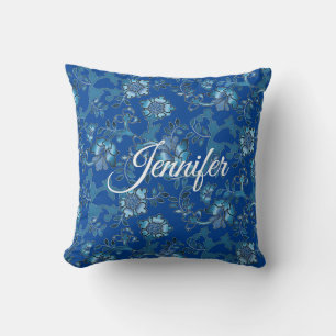 Calligraphy Elegant Blue Floral Custom Name Cushion