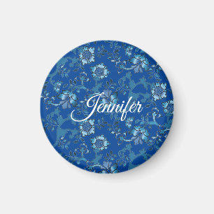 Calligraphy Elegant Blue Floral Custom Name Magnet