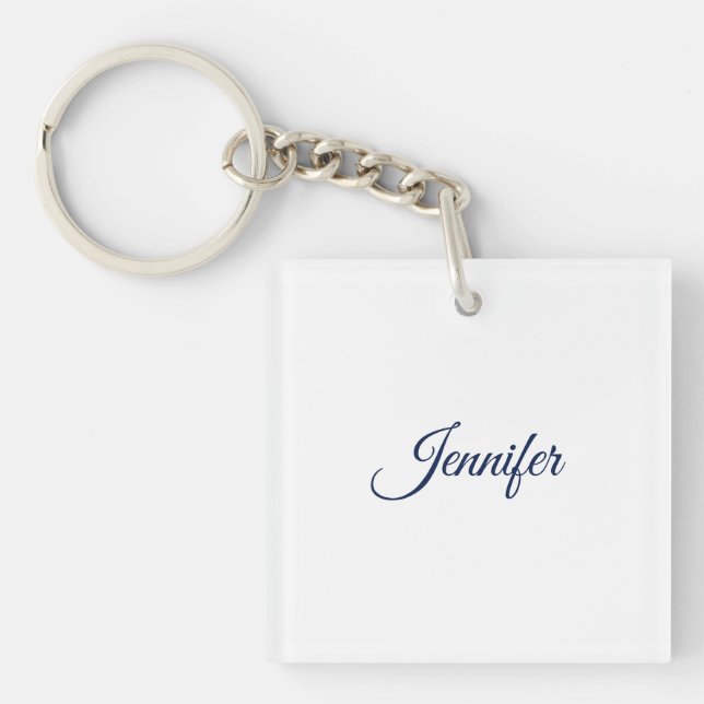Calligraphy Elegant Blue White Plain Simple Name Key Ring (Front)