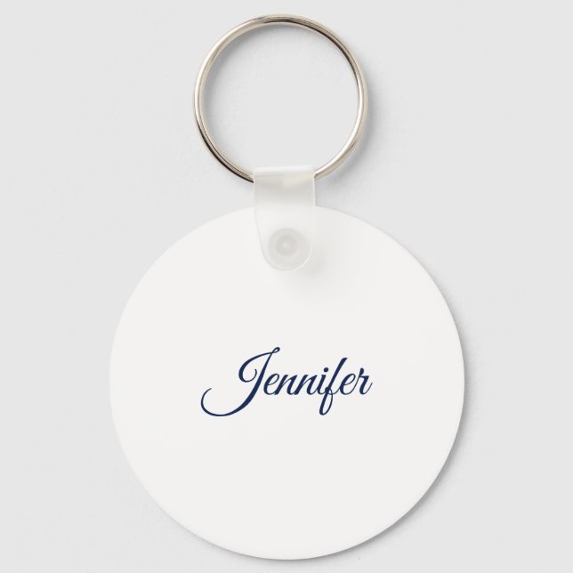 Calligraphy Elegant Blue White Plain Simple Name Key Ring (Front)