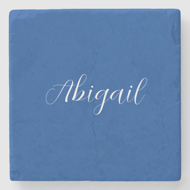 Calligraphy Elegant Blue White Plain Simple Name Stone Coaster (Front)