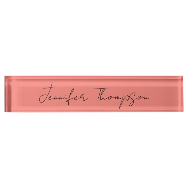 Calligraphy Elegant Coral Pink Plain Simple Name Nameplate (Front)