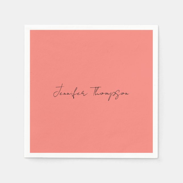 Calligraphy Elegant Coral Pink Plain Simple Name Napkin (Front)
