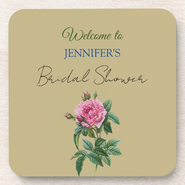 Calligraphy Elegant Floral Welcome Bridal Shower Coaster (Front)