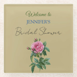 Calligraphy Elegant Floral Welcome Bridal Shower Glass Coaster