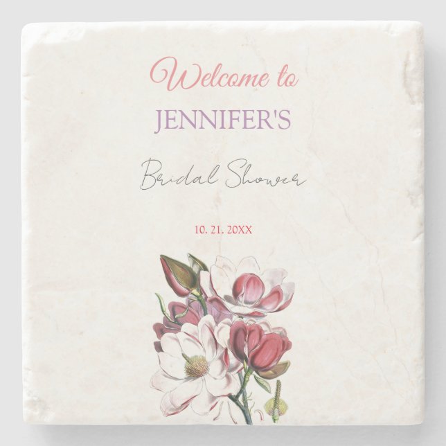 Calligraphy Elegant Floral Welcome Bridal Shower Stone Coaster (Front)