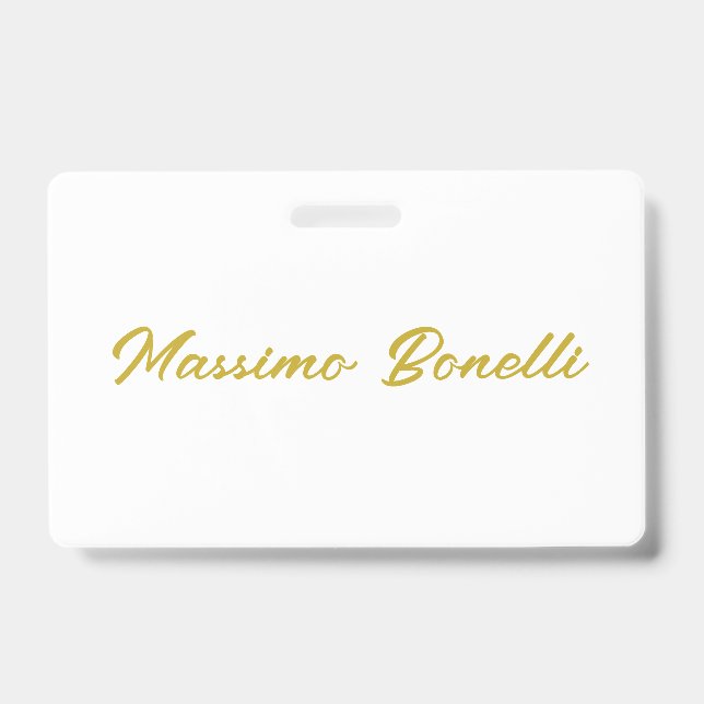 Calligraphy Elegant Gold White Plain Simple Name ID Badge (Front)