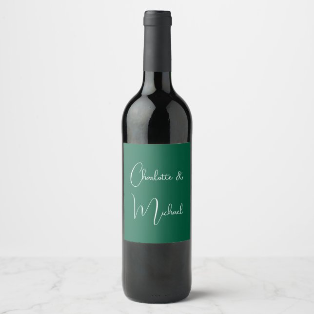 Calligraphy Elegant Green Plain Simple Names Wine Label (Front)