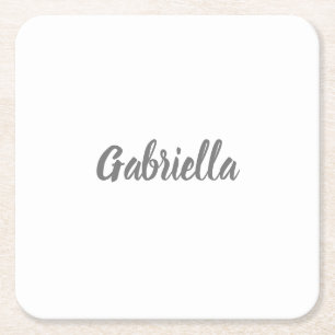 Calligraphy Elegant Grey White Plain Simple Name Square Paper Coaster