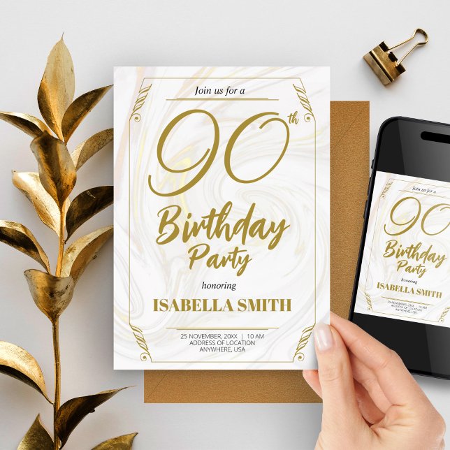 Calligraphy Elegant Modern Gold 90th Birthday Invitation (90th Birthday Party Elegant Modern Gold Invitation, Bday Invite)